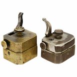 2 Scarificators, c. 1900Brass and steel, with 12 blades each, spring-loaded lever and cut-depth