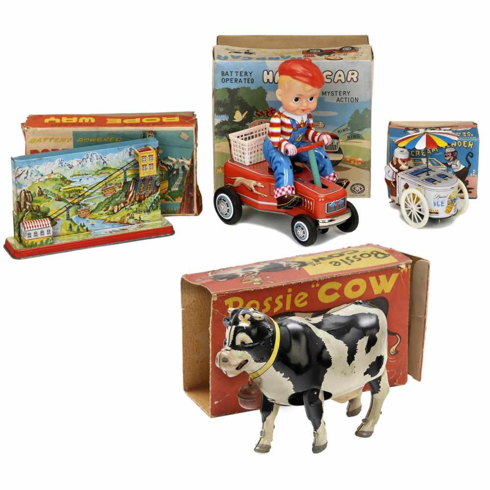 4 Japanese Tin Toys1) Bossie "Cow" toy by Alps, c. 1955. Patent no. 373980, lithographed tin,