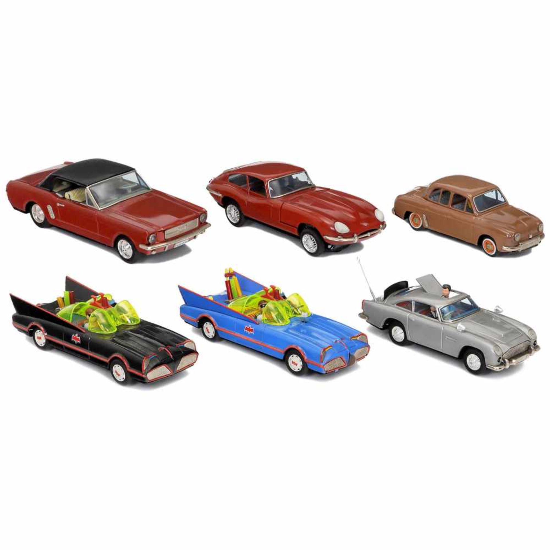 6 Japanese Tin-Toy Cars1) Gama/ASC, Batmobile, battery drive, working, length 11 ¼ in. - 2)