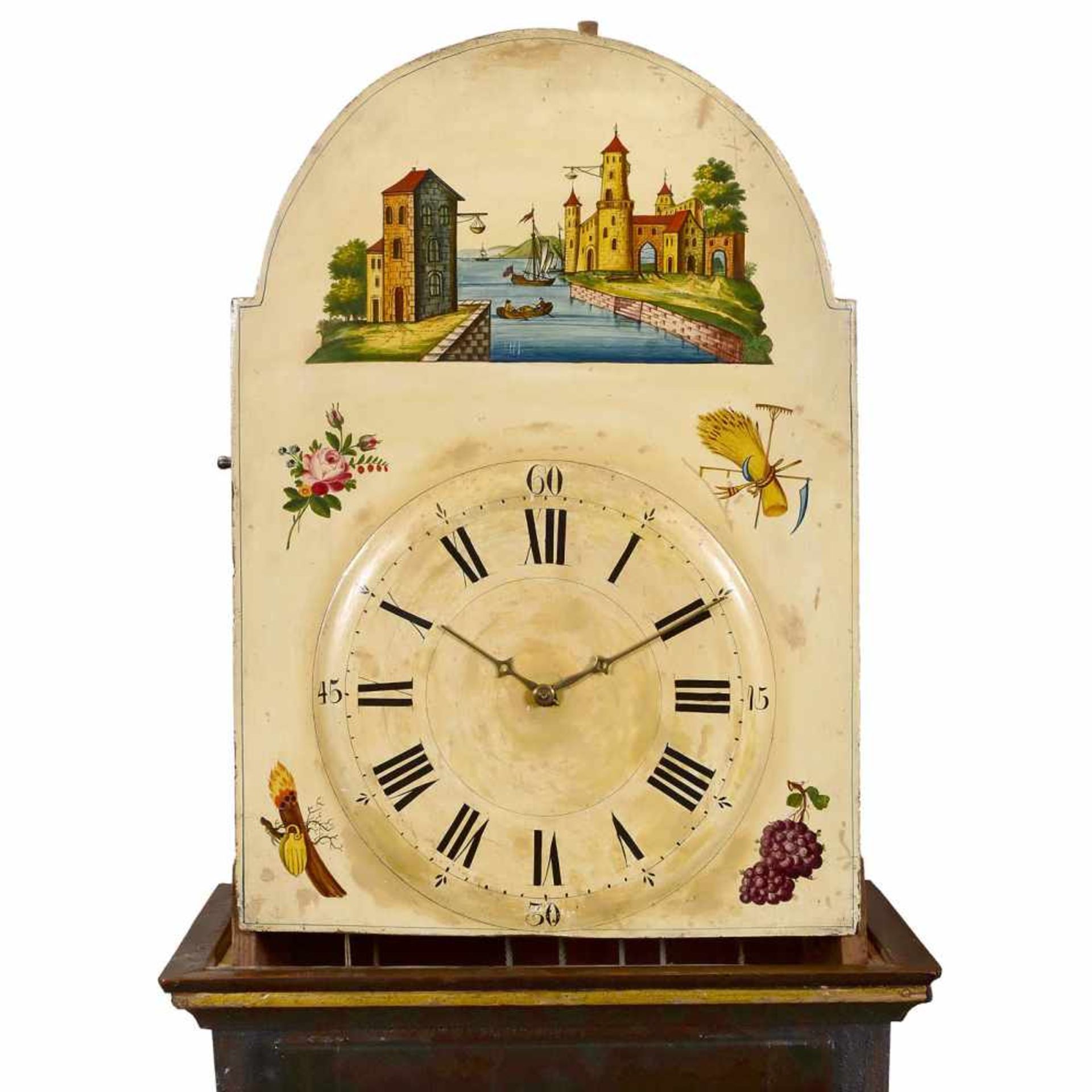 Black Forest Flute Clock, c. 1860Paint-decorated dial with harbor scene, size 17 ¾ x 25 in., solid - Bild 2 aus 3