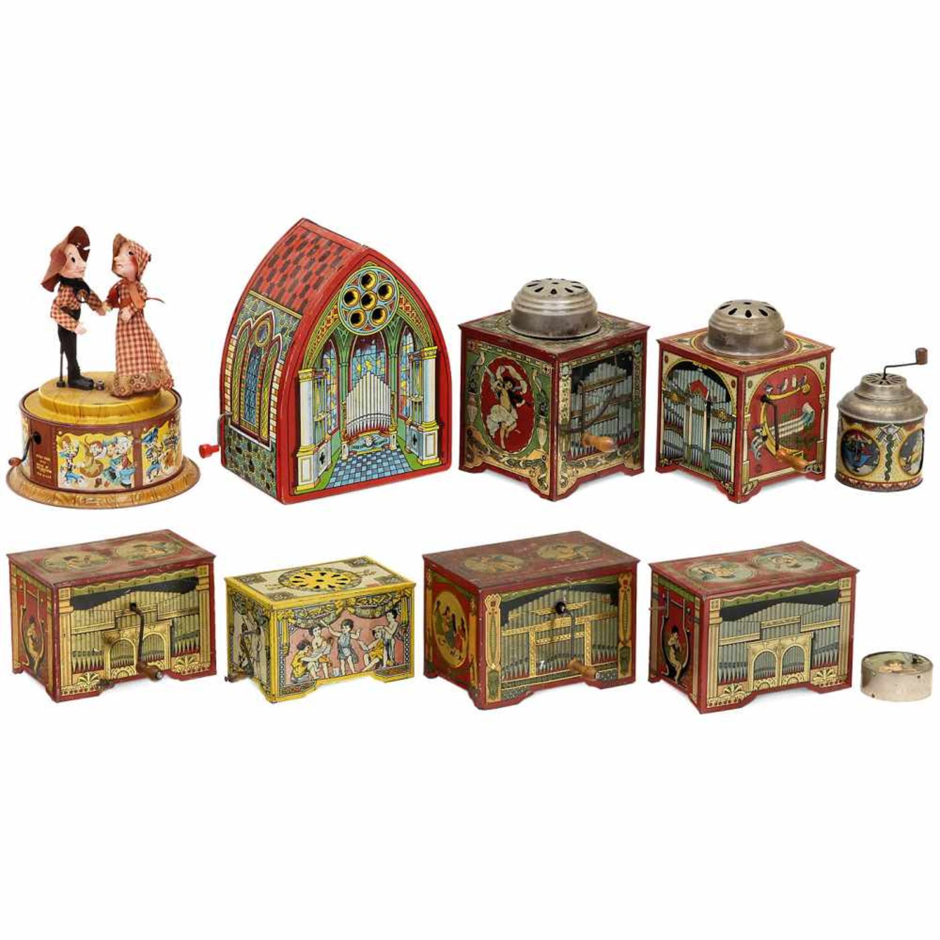 5 Toy Organs and Other Items, c. 1930Lithographed tin, hand-cranked, with small "turbines" and