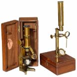 2 Brass Microscopes1) Compound microscope, c. 1830, maker unknown. Lacquered brass, 2 button-type