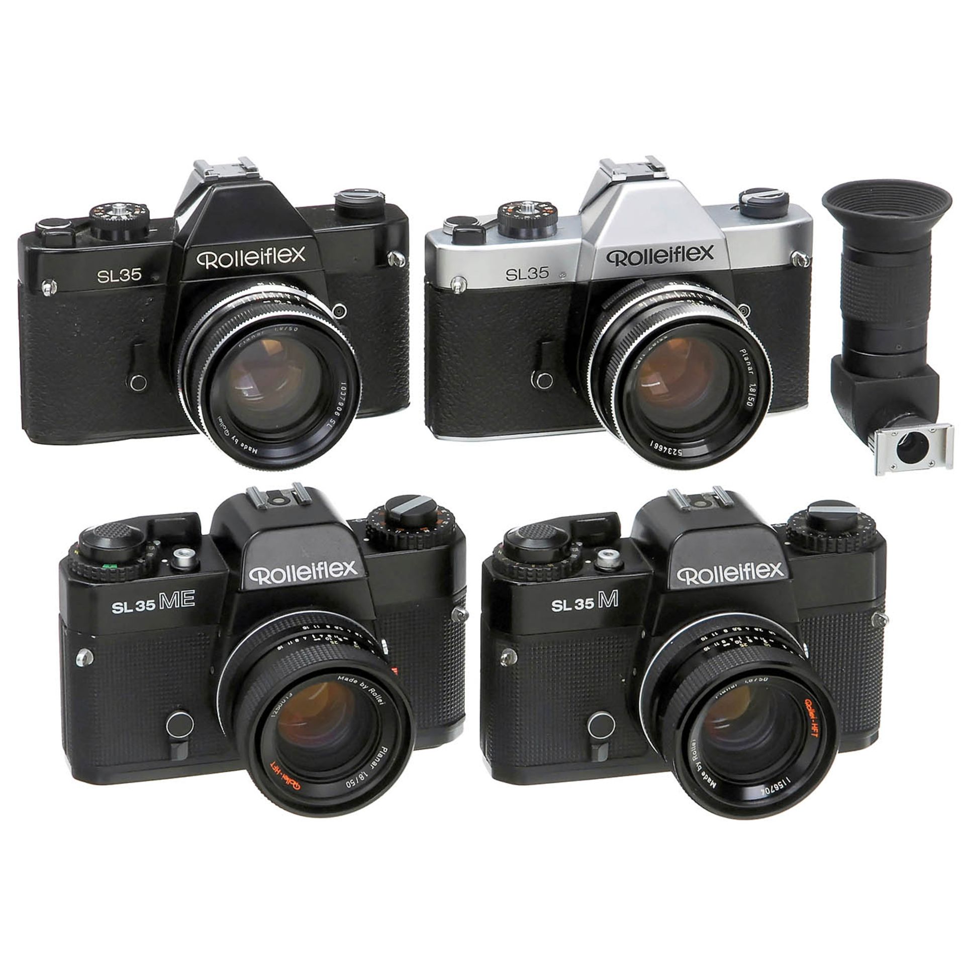 4 verschiedene Rolleiflex-SL35-Kameras mit Zubehör