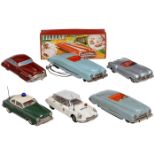 6 deutsche Spielzeugautos, um 1950-60