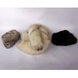 Vintage grey curl fur hat by JK Bauers & Sons of Bristol plus another and a white fur scarf