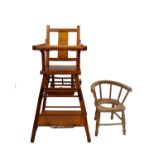 A yew wood metamorphic child's high chair together with an oak potty stool