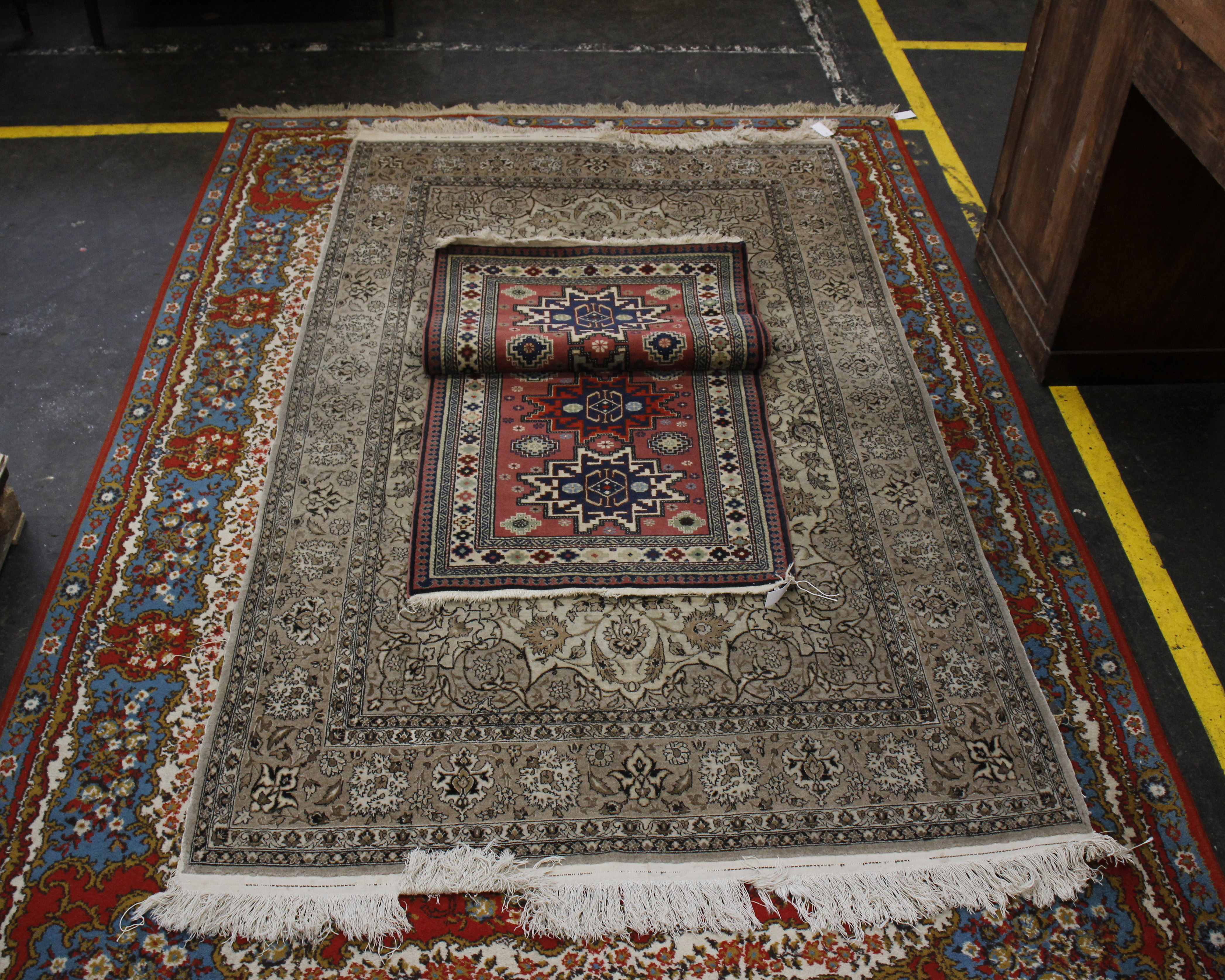 2 modern machine woven rugs together a machine woven Afghan runner.