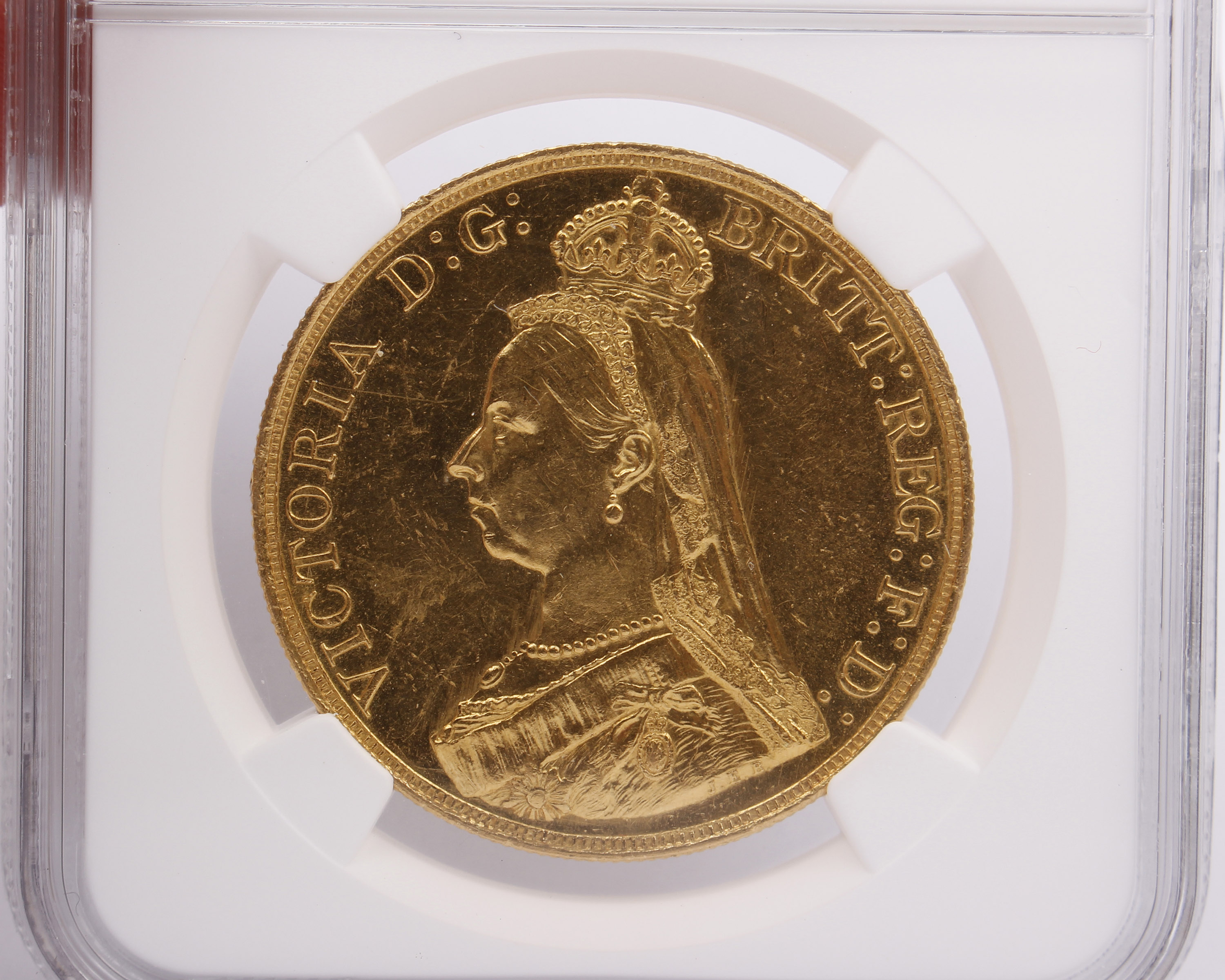 A Gold Five Pounds Victoria Gold Jubilee Head coin. 1.177 ounces NGC Graded MS 61 some contact marks - Image 2 of 2