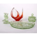 A Uranium glass dressing table set together with a Murano style vase.