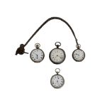 A white metal cased Goliath pocket watch together with three further white metal pocket watches.