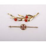 A 14k gold and pink coral spray brooch together with a yellow metal bar brooch. 7.1g