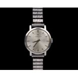 A white metal wristwatch by Hamilton. Quartz movement on white metal bracelet strap.