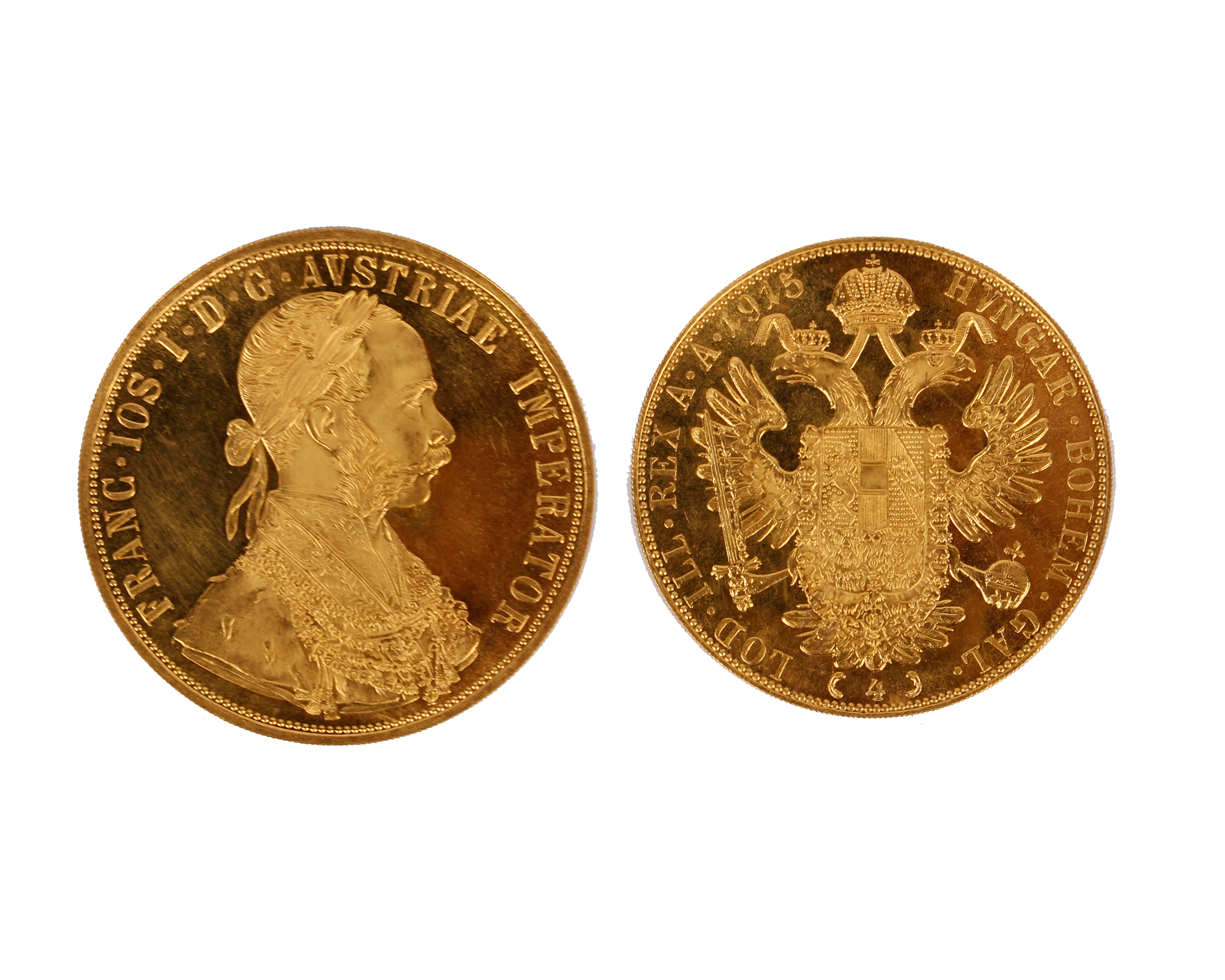 AN AUSTRIAN 4 DUCAT COIN with the head of Franz Joseph I facing right, with thick whiskers, and