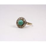 A Victorian 18ct gold turquoise and diamond dress ring, central turquoise cabochon with a surround