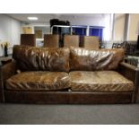 Three seater modern square arm leather sofa in chocolate, studs to front arms, wooden square