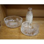 Three cut glassware items. 2 x bowls , 1 vase