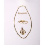 An 9ct gold chain link necklace together with a two sided 9ct picture brooch, a 9ct bar brooch and