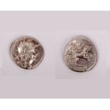 A Roman Republic Anonymous issue. AR Denarius, c. 157-156 Obv. Head of Roma right, X behind. Rev.