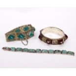 A Mexican 925 silver and turquoise panel bracelet together with two other white metal bracelets.