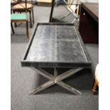 Black crocodile skin effect coffee table by Andrew Martin, with zig zag frame in stainless steel,