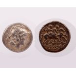 A Roman Republic Anchor (first) series. AR Denarius, c. 209-208 BC. Obv. Head of Roma right; behind,