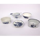Five pieces of 18th century pottery all painted in under glaze blue to include a small Worcester