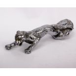 A DESMO CHROME PAINTED CAR MASCOT in the form of a leaping leopard, 18cm long, with stamped mark