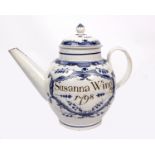 A large 18th century Swansea pearl ware tea pot. 'Susanna Wing' 1798. Provenance: Sir Leslie