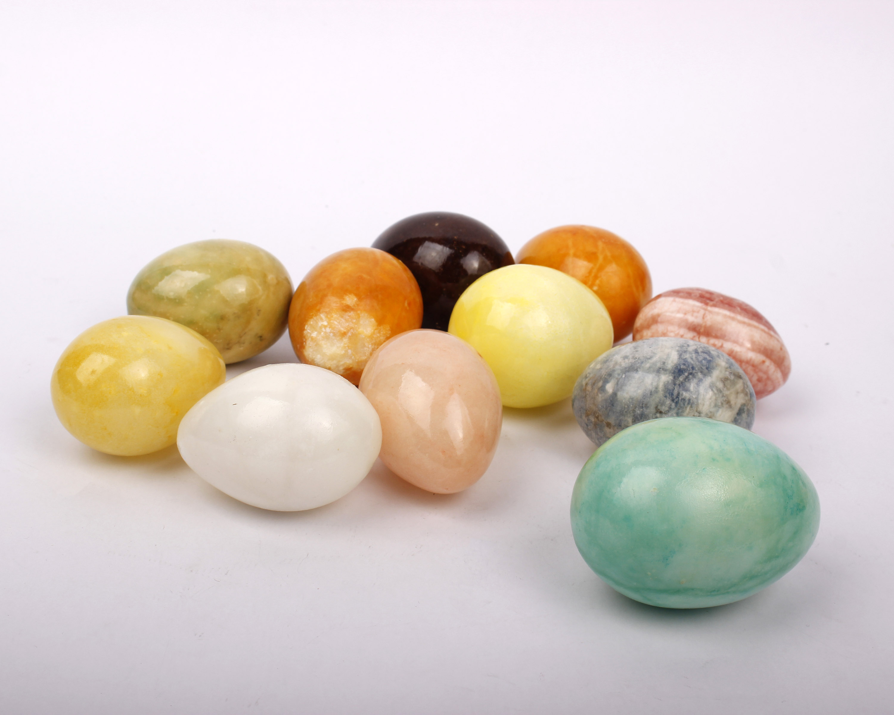 Eleven coloured Alabaster Italian marble Easter eggs