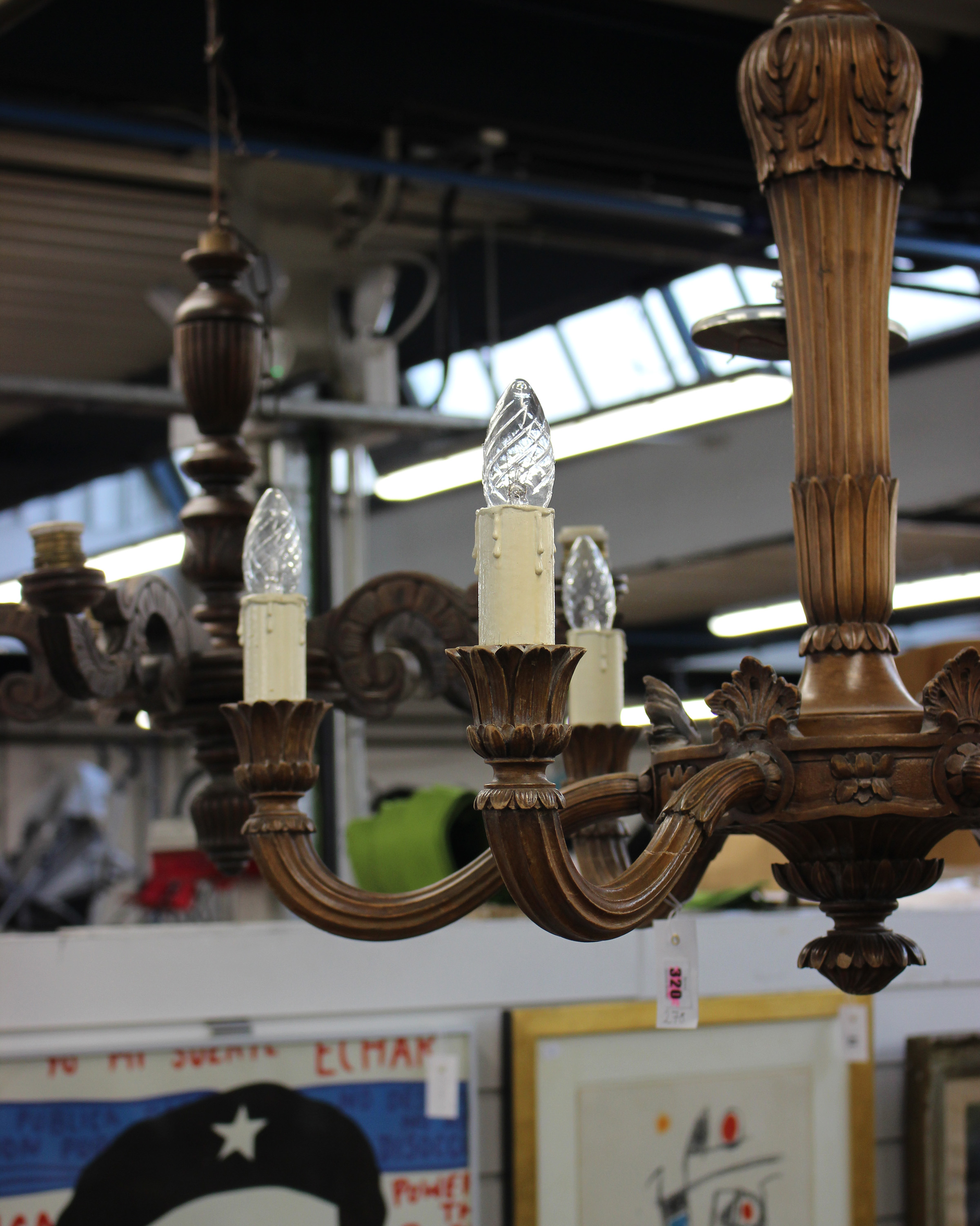 Two Edwardian carved oak six branch chandeliers in the arts and craft style larger one signed A. - Image 2 of 3