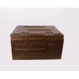 A brown painted metal military ammunition box dated 1944