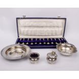 A collection of sterling silver items to include a boxed set of 12 coffee spoons. A sterling