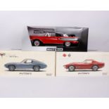 Five boxed 1:18 scale cars to include two Autoart Corvettes, a Whitebox Ford Edsel Citation and