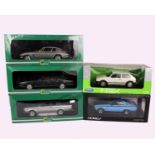 Five boxed 1:18 scale model cars to include Cult Scale models of 1981 Volvo 262c Coupe Bertone, 1985
