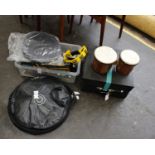 A Remo 'Weatherking' snare drum, together with a quantity of drum stands, a pair of lap drums etc.