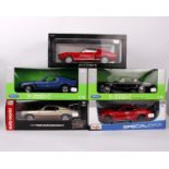 Five boxed 1:18 scale Mustangs from different model car manufactures to include Norev: 1964 1/2 Ford