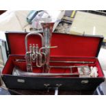 A vintage 'tenor horn' by Boosey + Co Ltd, together with a part 'slide trombone' by J.R. Lafleur +