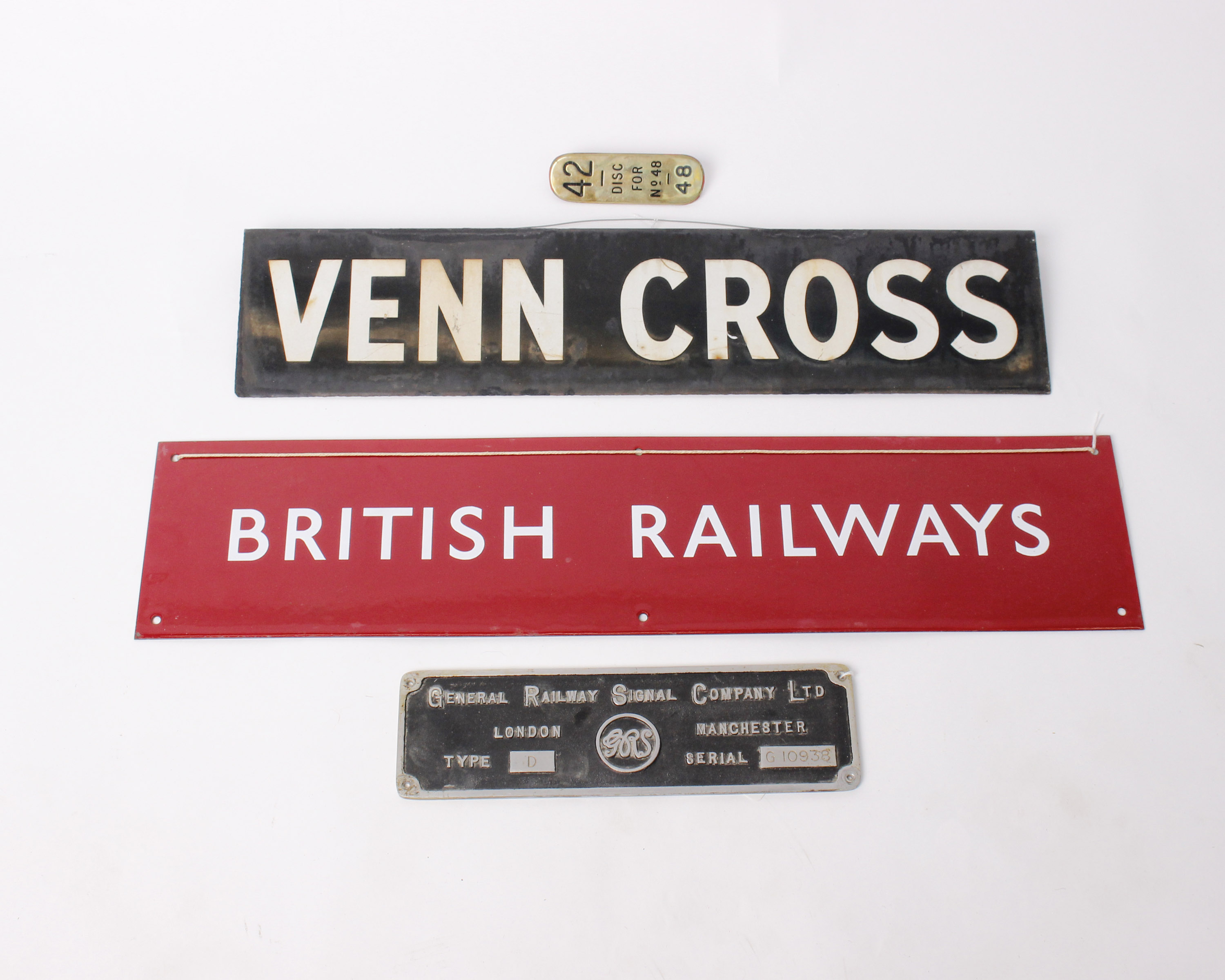 Three signs for British railways, Venn Cross and plaque from General Railway Signal Company LTD