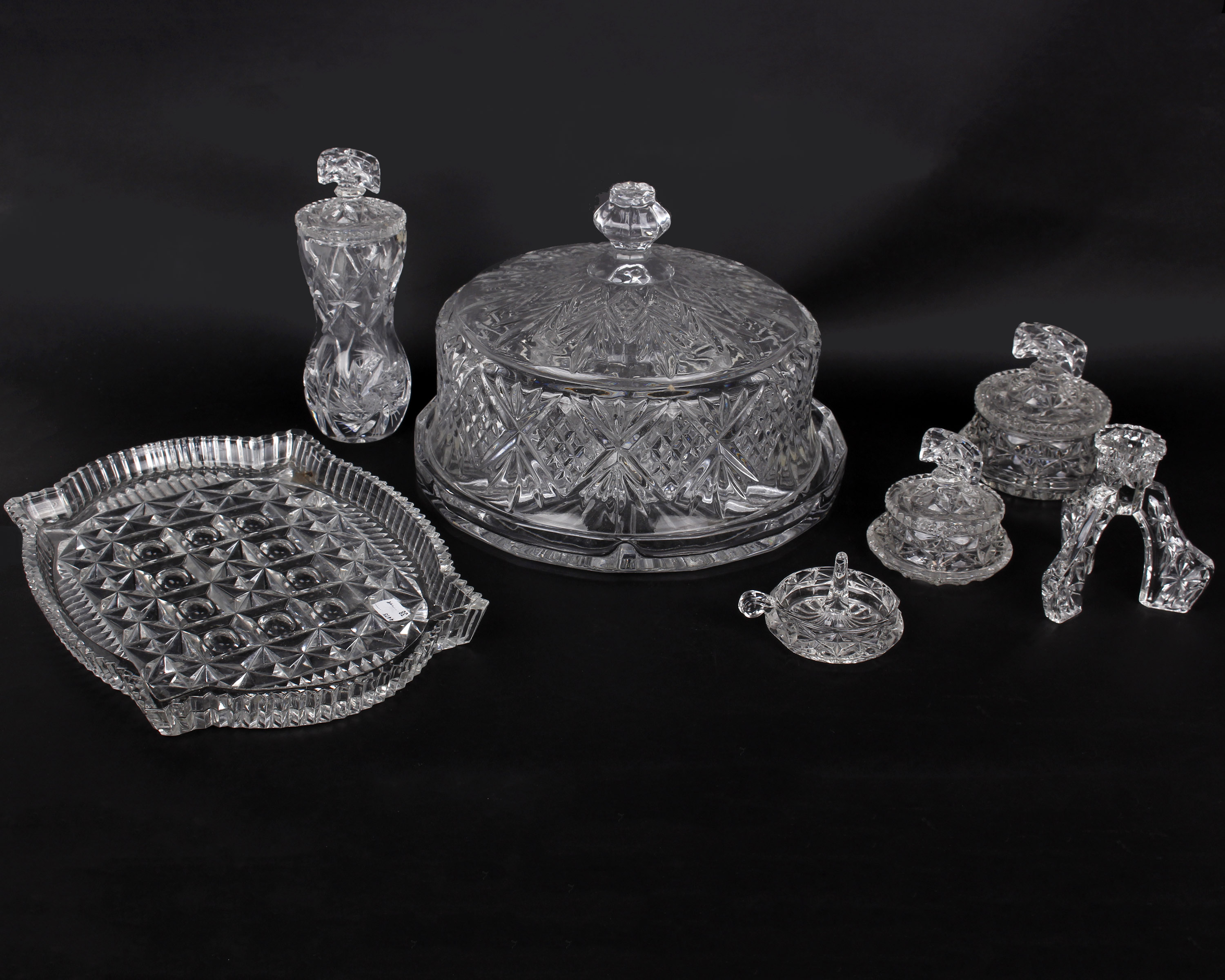 A boxed Argyle Cut Crystal section cake cover and nibbles dish plus various other cut crystal