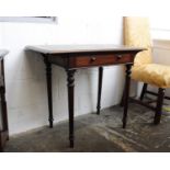 A Victorian ladies writing desk with inset leather top and single long drawer on turned legs. 91cm(