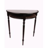 A mahogany d-end table, with string inlay decoration on three fluted tapering legs, 75cm(W) 38cm(