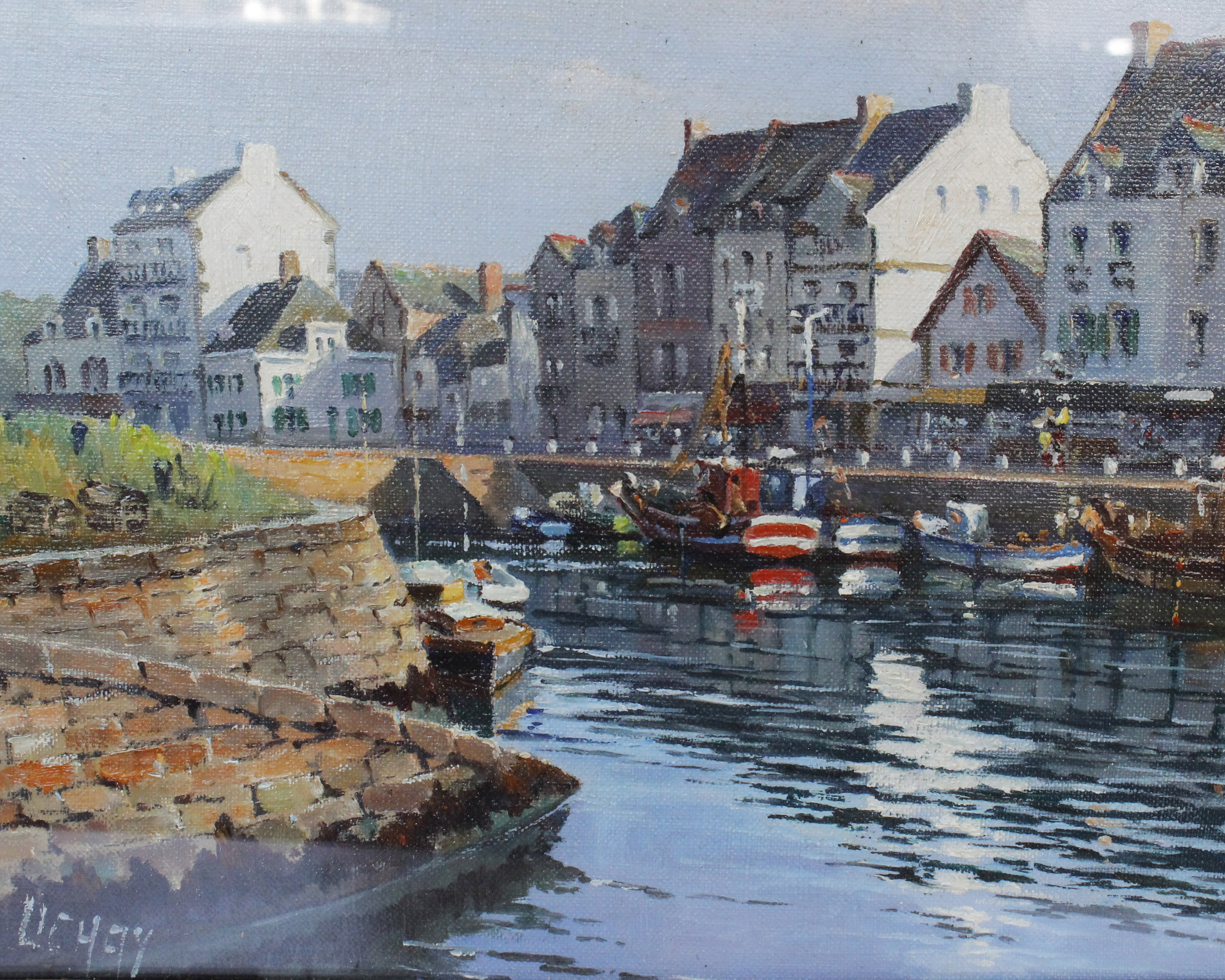 A 20th Century Oil Painting of Harbour SceneIn timber frame with glass front, indistinctly signed