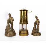 Vintage Brass Vale Metal Spinners Hirwaun Miners Lamp Cymru plus two brass miners