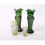 Two Art Nouveau Kralik Tri Claw Iridescent Glass Vases and 1950s Harlequin Sherbet Water Jug and