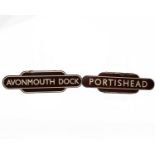 An Avonmouth Dock and Portishead enamel station signs.