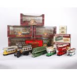 A collection of 14 models of tramlines and buses from Corgi, Matchbox and Great British Buses (