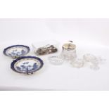 A collection of small glass items to include sugar server jar with lid, salt and pepper pots,