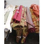 A large quantity of velvet brocade red, burgundy gold together with two rolls of burgundy poly