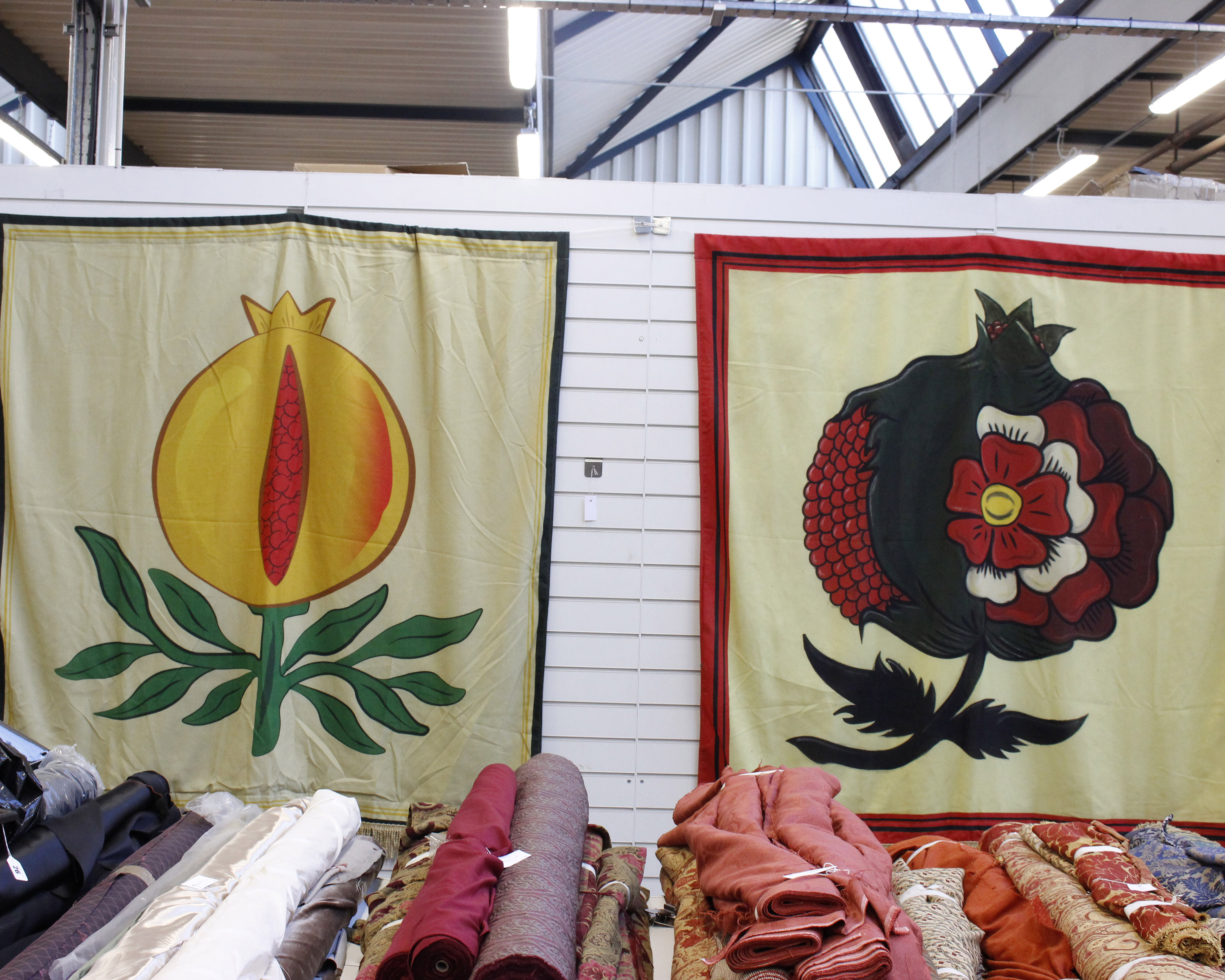 2 large banners hand painted on canvas with fringing one depicting the English Tudor Rose