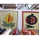 2 large banners hand painted on canvas with fringing one depicting the English Tudor Rose